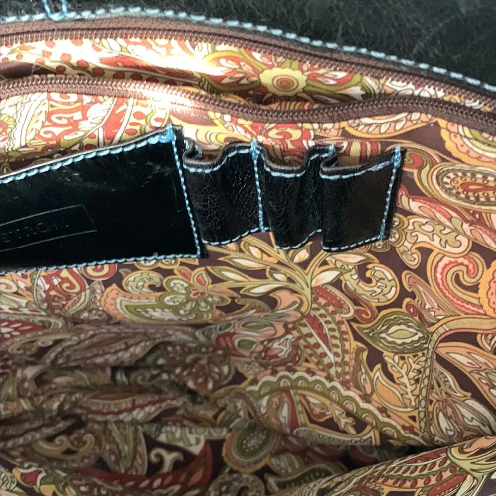 Nordstrom Black Leather Blue Stitching Casual Tote Bag Paisley Lining Lg Pockets - Picture 6 of 14